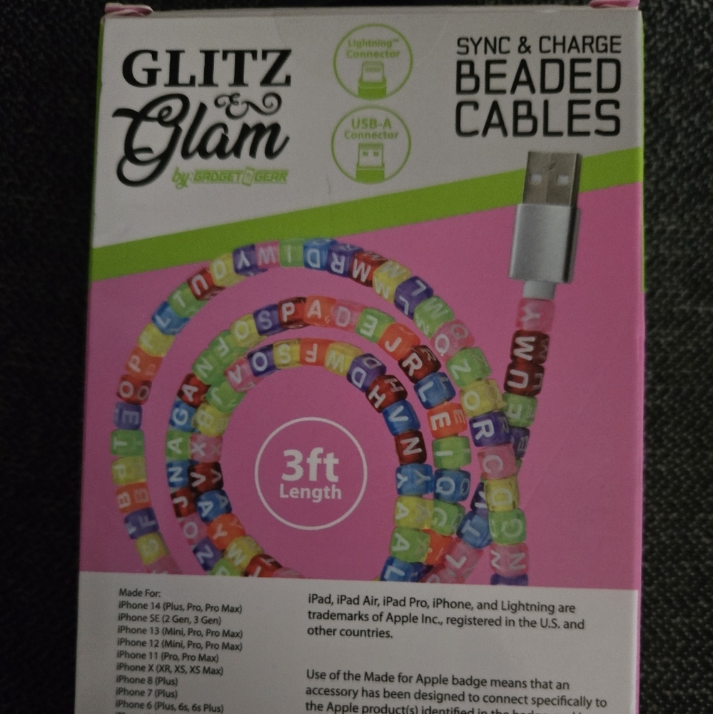 Glitz & Glam Beaded Charging Cable 3ft Iphone Ipad Ipod USB-A connector Hp🔥🔥 - Picture 3 of 5
